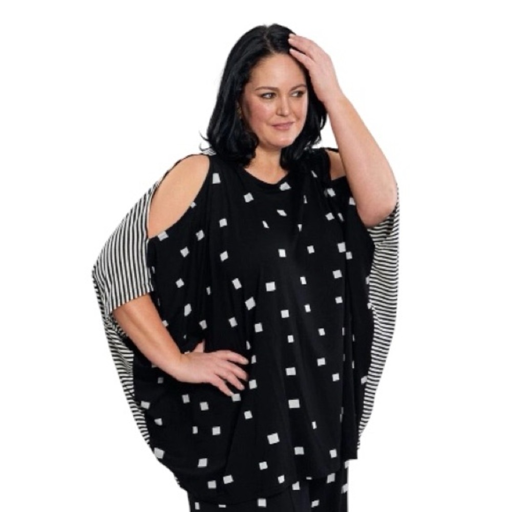 Alembika Boxy Dolman Cutout Top Squares Black White 3X NWT Oversized Stretch